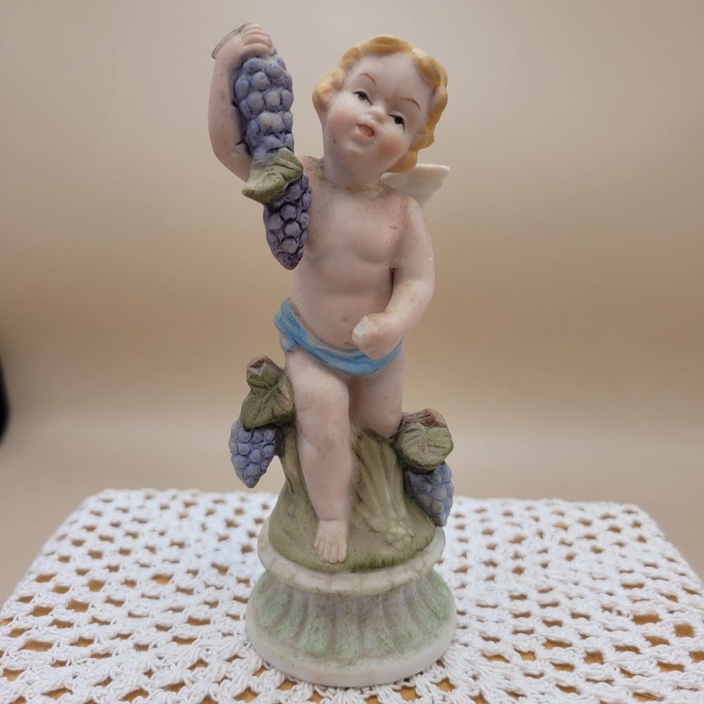Vintage Bisque Porcelain Cherub‎ Angel Figurine Grapes Made in Korea 4.5 Inch